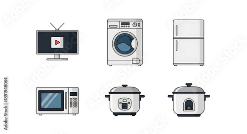 Set of household appliances icons for kitchen and laundry room - microwave, washing machine, refrigerator, rice cooker, and television