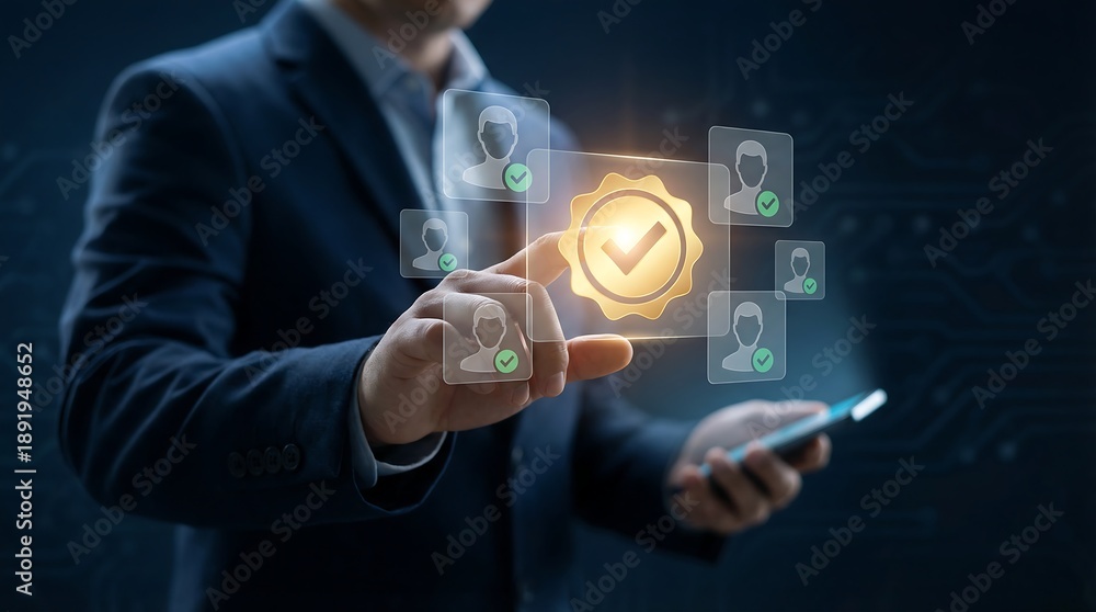 Obraz premium A businessman interacts with a glowing holographic interface displaying user profiles and a prominent checkmark symbol signifying verification high quality professional detailed