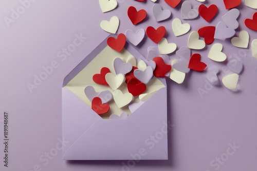Numerous small, colorful hearts spill from an open paper envelope against a solid background