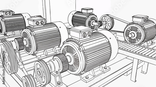 Industrial Motors Operation, Engineering Workshop, Technical Illustration, Detailed View