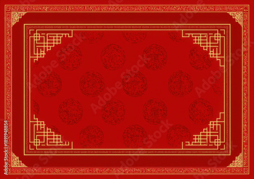 Elegant red background featuring golden border frame with intricate Chinese style patterns and circular motifs, creating festive and traditional atmosphere