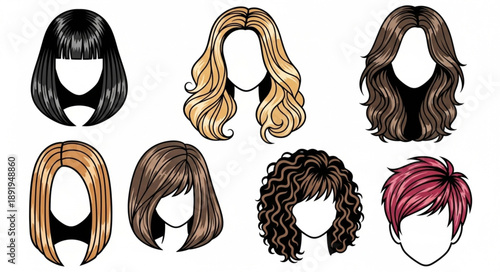 Collection of Diverse Female Hairstyles Illustrated Isolated.