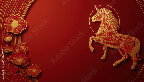 Elegant golden horse illustration on vibrant red background, adorned with floral patterns, symbolizing prosperity and good fortune. This artwork captures festive and joyful spirit
