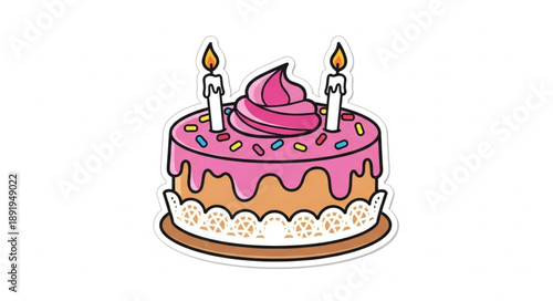 Delicious pink frosted birthday cake with two lit candles.