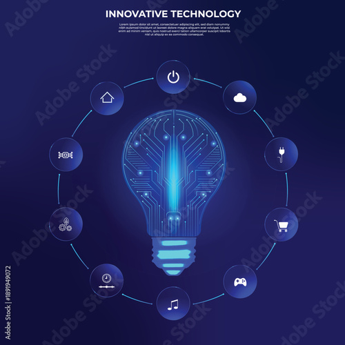 Futuristic infographic with 10 interactive option buttons, highlighting a lightbulb illuminated by glowing electronic circuits. High-tech sci-fi style, innovative decision-making, neon, scheme
