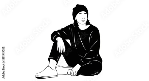 Young person wearing beanie and casual clothes sitting down.