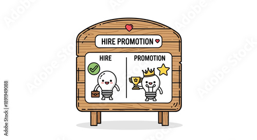 Hiring and promotion concept with cartoon light bulbs on wooden board