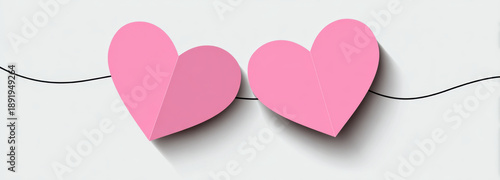 Two pink paper hearts connected by single black line create charming and playful visual. This design symbolizes love and connection, perfect for romantic themes
