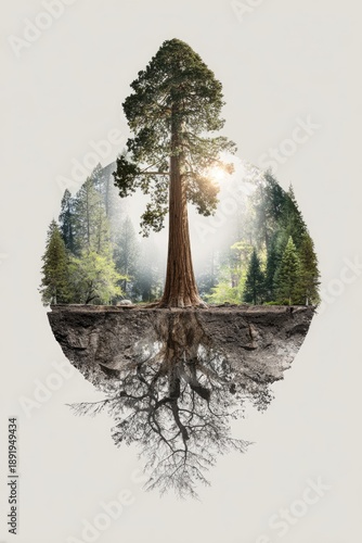Save the world logo design concept. Green pine sequoia tree with roots illustration on white background