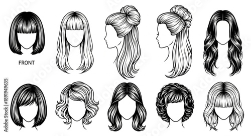 Collection of diverse hairstyles illustrated in black and white sketch style.