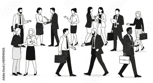 Diverse group of business people in professional attire interacting.