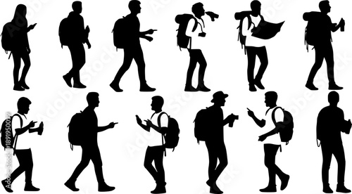 Group of black vector silhouettes of young students and travelers with backpacks walking and drinking water isolated on white background