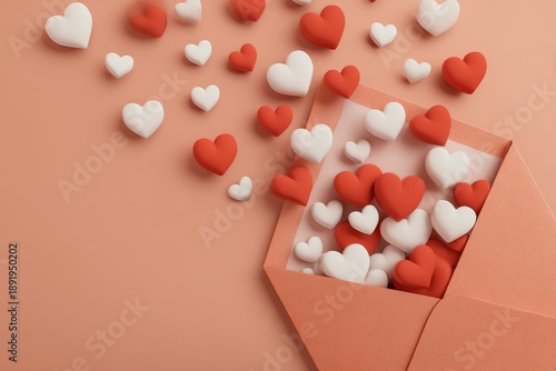 Numerous small three dimensional hearts spill from an open envelope against a solid background