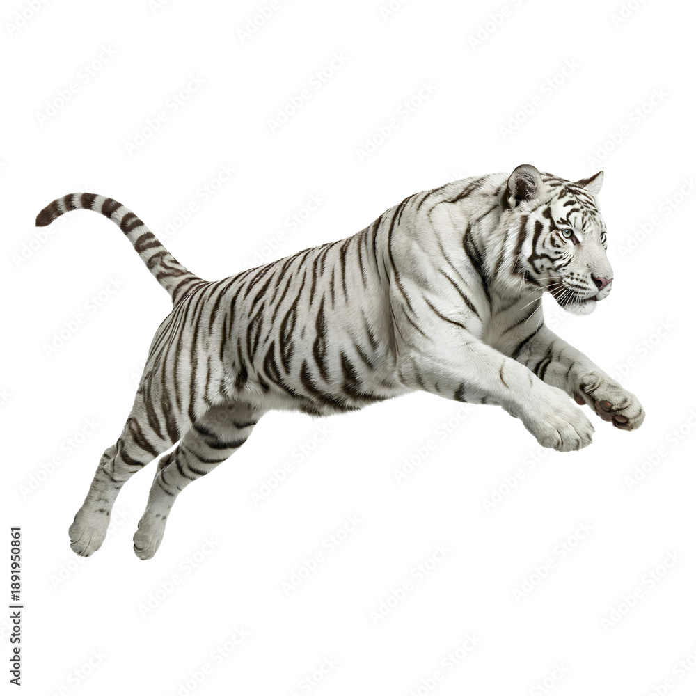 Obraz premium A white Bengal tiger leaping mid-air. 