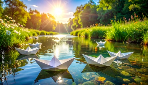 Paper Boats Floating on a Peaceful River at Sunset.