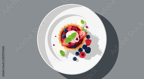 Overhead View of Delicious Berry Fruit Tart Dessert with Cream and Mint on White Plate, Dark Grey Background.