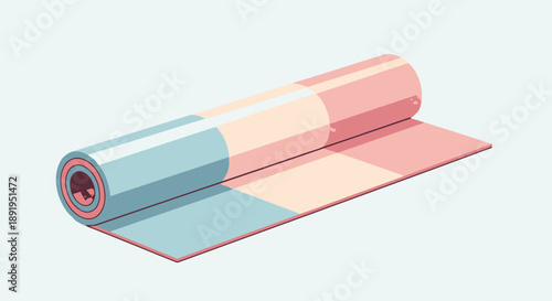 Neatly Rolled Yoga Mat in Pink and Blue Stripes for Fitness and Wellness on a Light Blue Background.