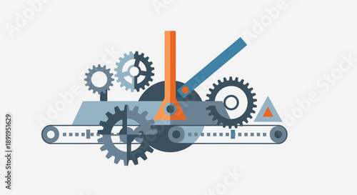 Abstract industrial gears and conveyor belt system representing machinery and process, on a light gray background.