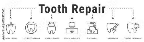 Tooth Repair web banner icon vector illustration featuring Tooth Filling, Teeth Restoration, Dental Crowns, Dental Implants, Tooth Drill, Anesthesia, and Dental Treatment