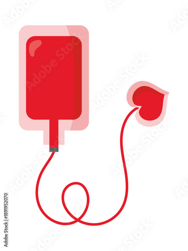 Vector Illustration of a Red Blood Donation Bag with Heart-Shaped Tubing for Healthcare Concepts,blood bag, blood donation, transfusion, iv bag, plasma, serum, red liquid, medical bag.