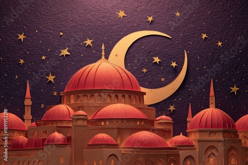 Illuminated religious architecture features prominent domes beneath a crescent moon and numerous stars