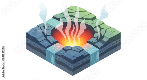 Isometric cross-section of an active volcano or geothermal energy source, showing hot magma and steam emanating from the earth.