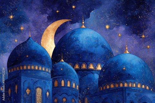 Ornate blue mosque domes rise beneath a glittering golden crescent moon in a night sky