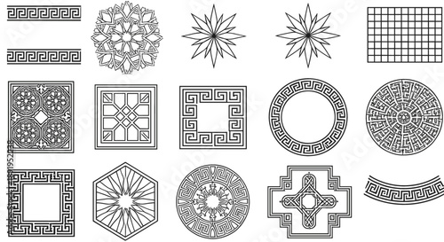 Geometric ornamental vector icon set with Greek key borders mandalas grids stars and decorative line art