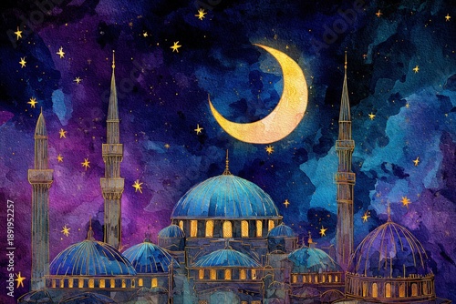 Mystical crescent moon illuminates silhouette of grand mosque domes and minarets against vibrant night sky
