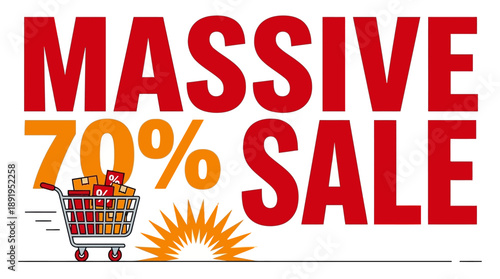 Massive 70% Off Sale Announcement, Shopping Cart, Retail Store, Graphic Design, Bright Environment