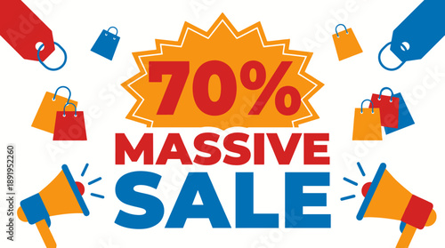 Massive 70% Sale Announcement, Graphic Design for Businesses, Promotional Event, Vibrant Environment