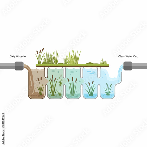Wetland Filtering System Cleansing Dirty Water Diagram on White Background Vector Graphic
