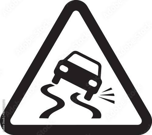 Slippery road warning sign with car icon and squiggly lines indicating loss of traction