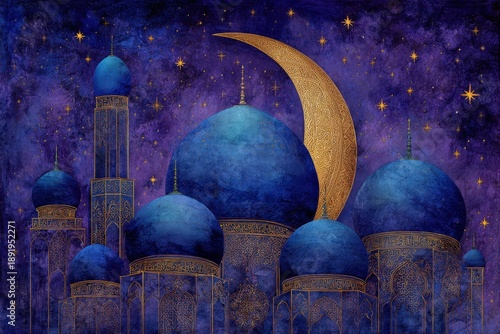 Ornate blue domed structures stand beneath a giant golden crescent moon against a vibrant starry night sky