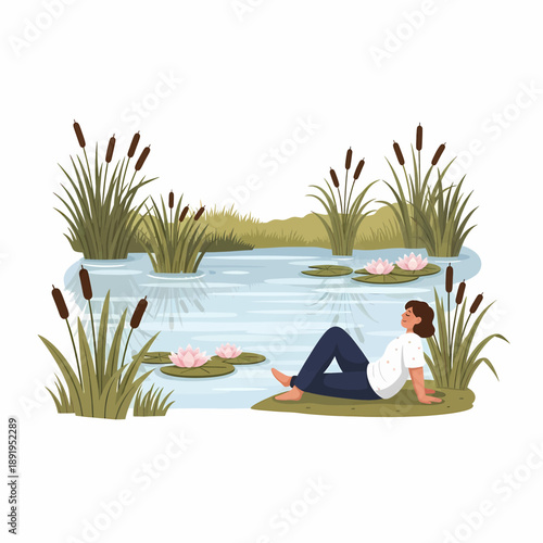 Woman Relaxing and Enjoying Serene Wetland Scenery, Flat Vector Illustration Style