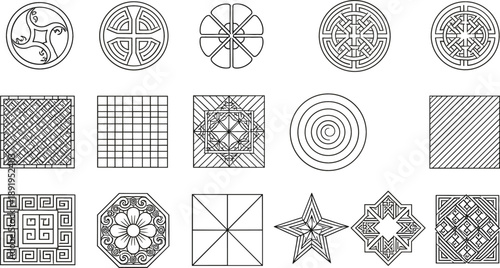 Geometric ornamental vector icon set with abstract circular square patterns mandalas grids and decorative line art