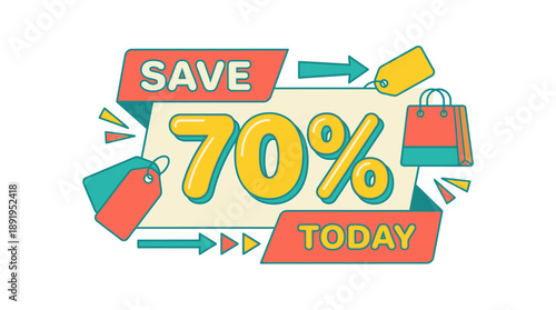 Save 70% on Shopping Deals Today with Colorful Tags and Arrows
