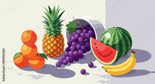 Assortment of fresh and vibrant tropical fruits including pineapple, oranges, grapes, watermelon, and banana.