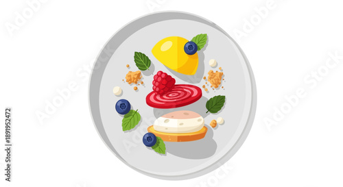 Elegant dessert with lemon, raspberry, blueberry, and mint on a white plate, isolated white background.
