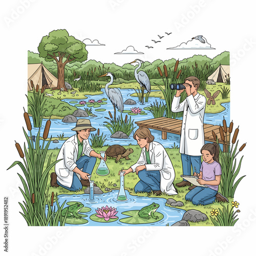 Environmental Scientists Testing Water Quality and Observing Wildlife in a Lush Wetland Habitat.