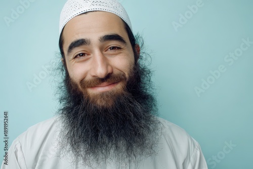 Bearded mature man wearing traditional headwear smiles sincerely against a light colored background