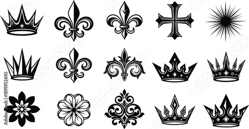 Heraldic crown and fleur de lis vector icon set with royal crosses flowers and ornamental symbols