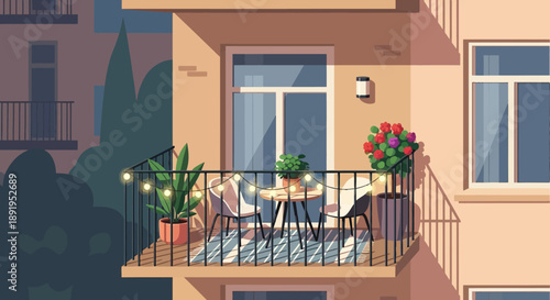 Cozy Apartment Balcony with Table, Chairs, and Plants in a Residential Building