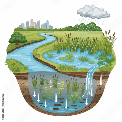 Educational Vector Diagram of Wetland Ecosystem Cross-Section and Natural Water Filtration