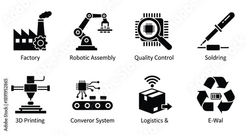 Industrial manufacturing icon set showing factory automation and electronic production technologies