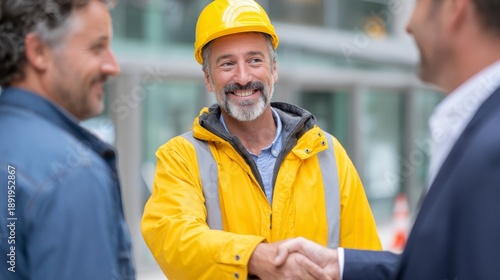 Group of construction workers greet a business manager with a handshake at the entrance of a building site with glass walls during daylight