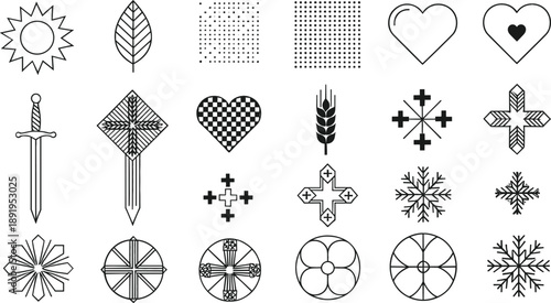 Minimal geometric and symbolic icon collection with hearts crosses snowflakes weapons and abstract line art elements