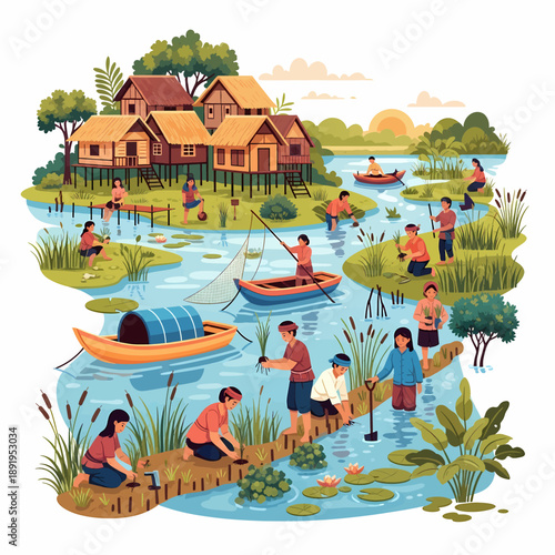 Asian Community Planting and Fishing in Tropical Wetland Environment Vector Illustration