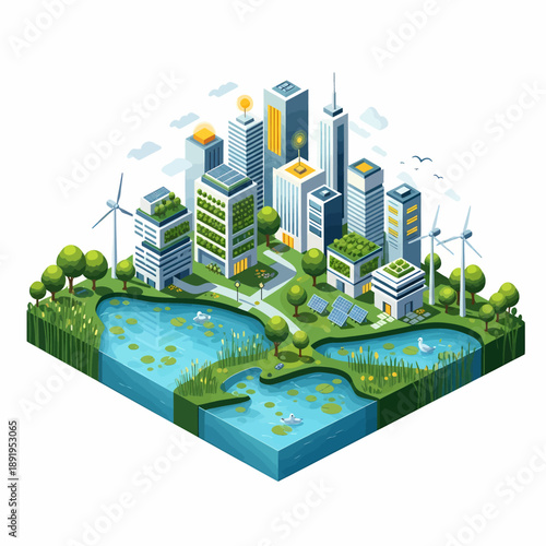 Sustainable Smart City integrated with Wetlands and Green Infrastructure in Isometric Vector Illustration.