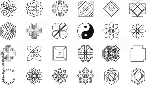 Minimal geometric mandala and sacred symbol icon set with floral spiritual line art decorative vector design